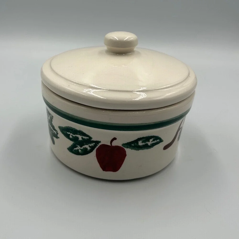 Vintage Style Apple Stoneware Lidded Crock Farmhouse Ceramic Sugar Bowl Cream